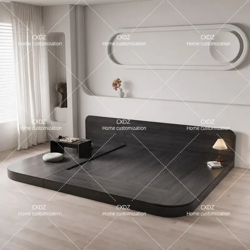 Japanese Style Black Solid Wood Bed Tatami Low Profile Platform Bed with Arc Headboard Double Size Floor Level Slab Design
