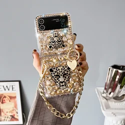 Fashionable Anti-Scratch Phone Case Cover with Metal Hand Chain for Samsung Galaxy Z Flip7 5 6 4 3 2 Bling Diamond Leopard Head
