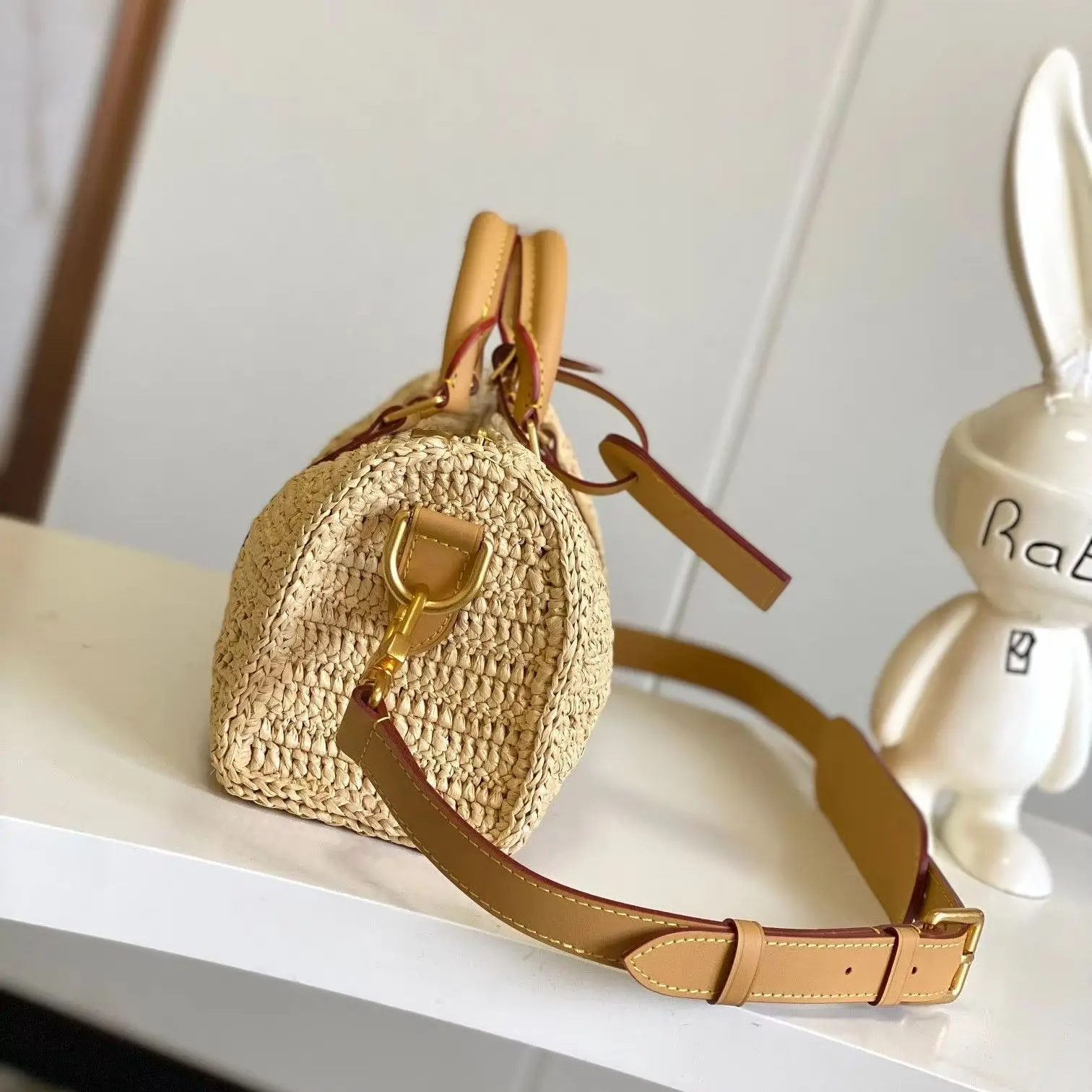 Raffia Mini Boston Handbag, Luxury Multi-Way Handbag