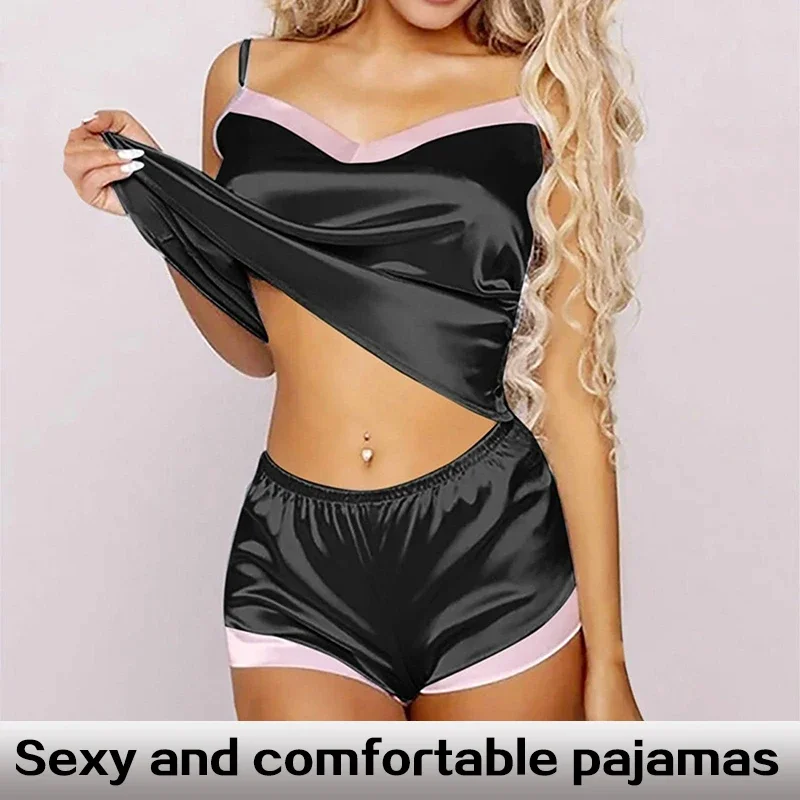 

Women's Glossy Silk Pajama Set, Solid Color Backless Top and Shorts, Comfortable and Cool Summer Casual Wear Two-Piece Set