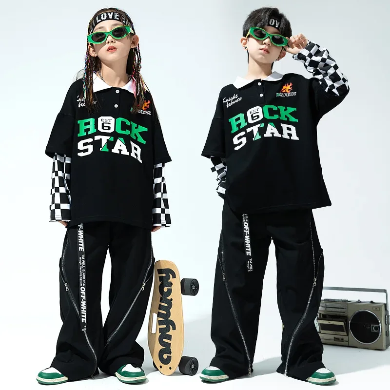 

Children Boys Sport Sets Grils Hip Hop Long Sleeve T-shirt Pant Tracksuits Kids Fashion Stage Dance Clothes Teen Costume