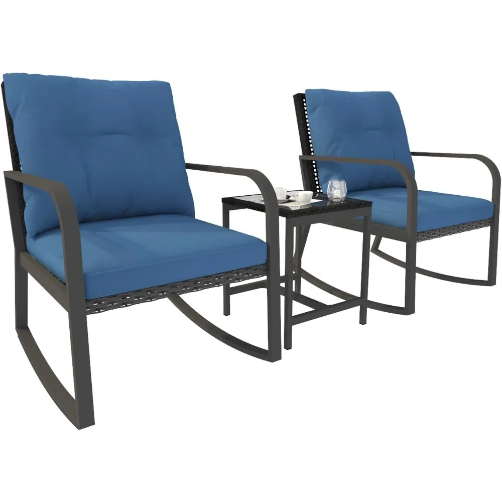 3 Pieces Outdoor Rocking Bistro Set,Patio Conversation Set w Thick Cushions and Glass-Top Table for Poolside Patio Garden(Blue)