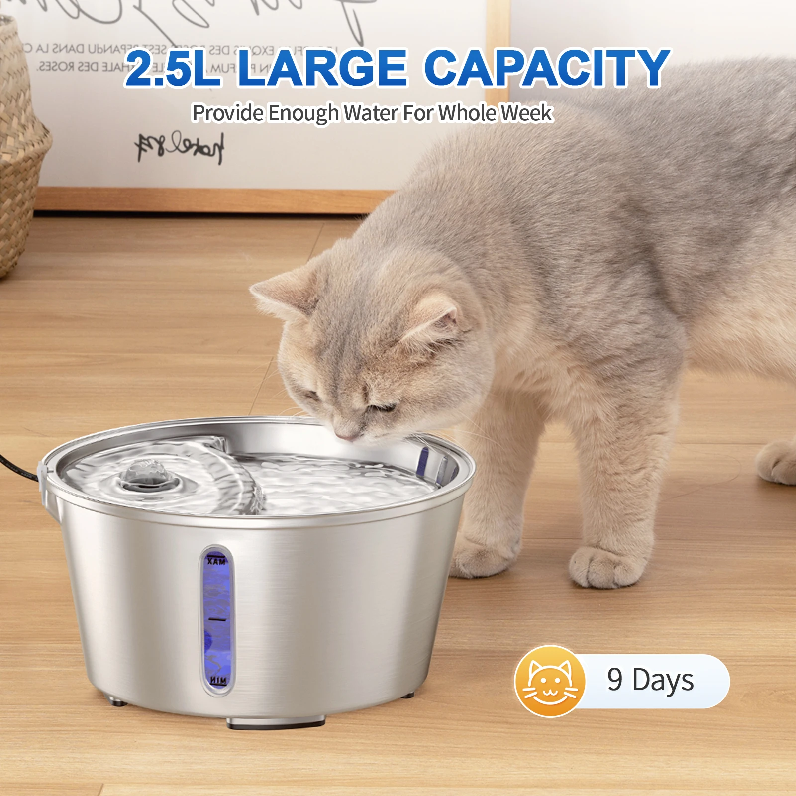 

YOKEE-Stainless Steel Cat Water Fountain Automatic Pet Water Dispenser Mute Auto Cat Feeder Dog Drinker Bowl, Accessories, 2.5L