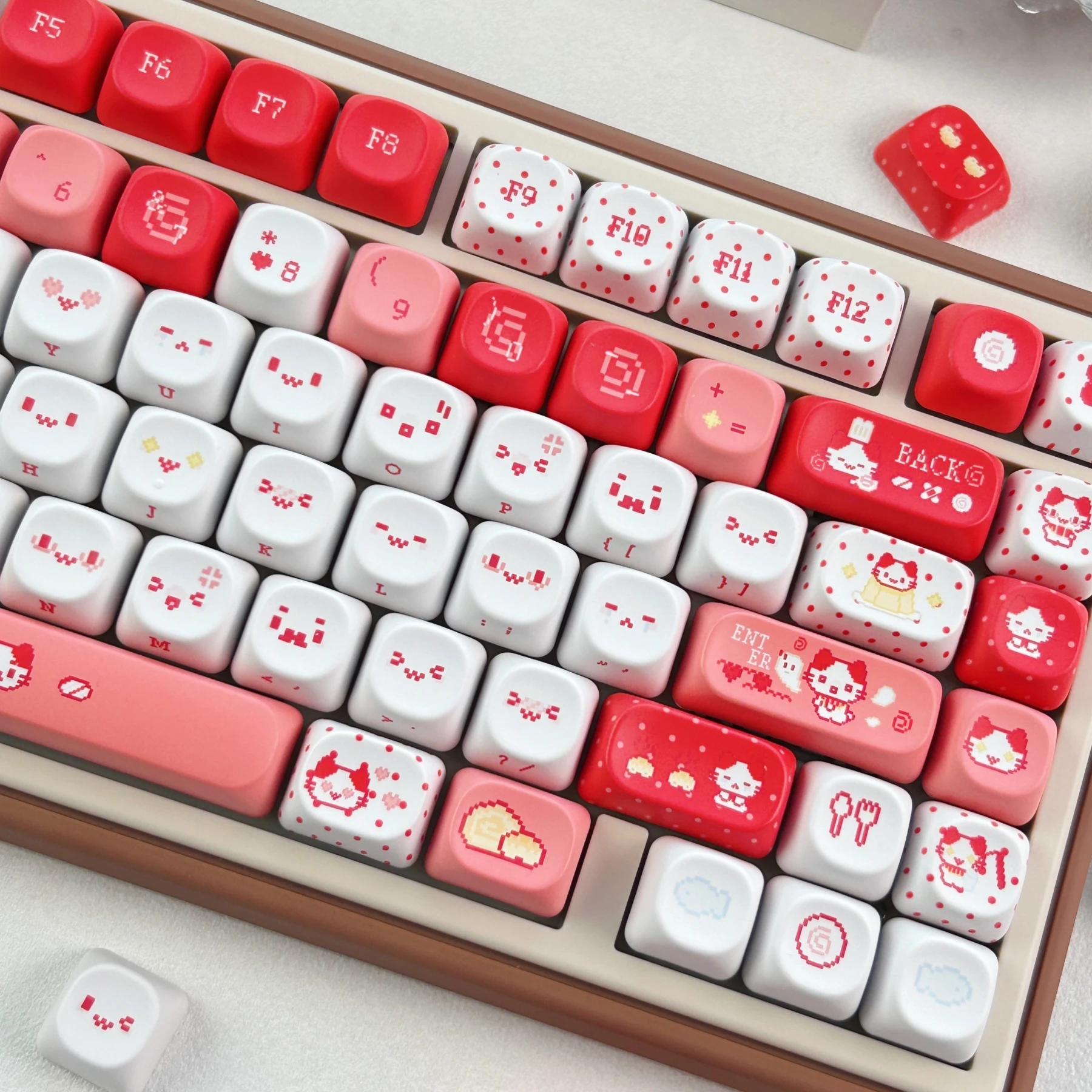 MAIMOOO Red Cute Pixel Kitten Keycaps MOA Profile PBT Dye Sub Cotton Candy Cat Keycaps for Mechanical Keyboard Korean Russian