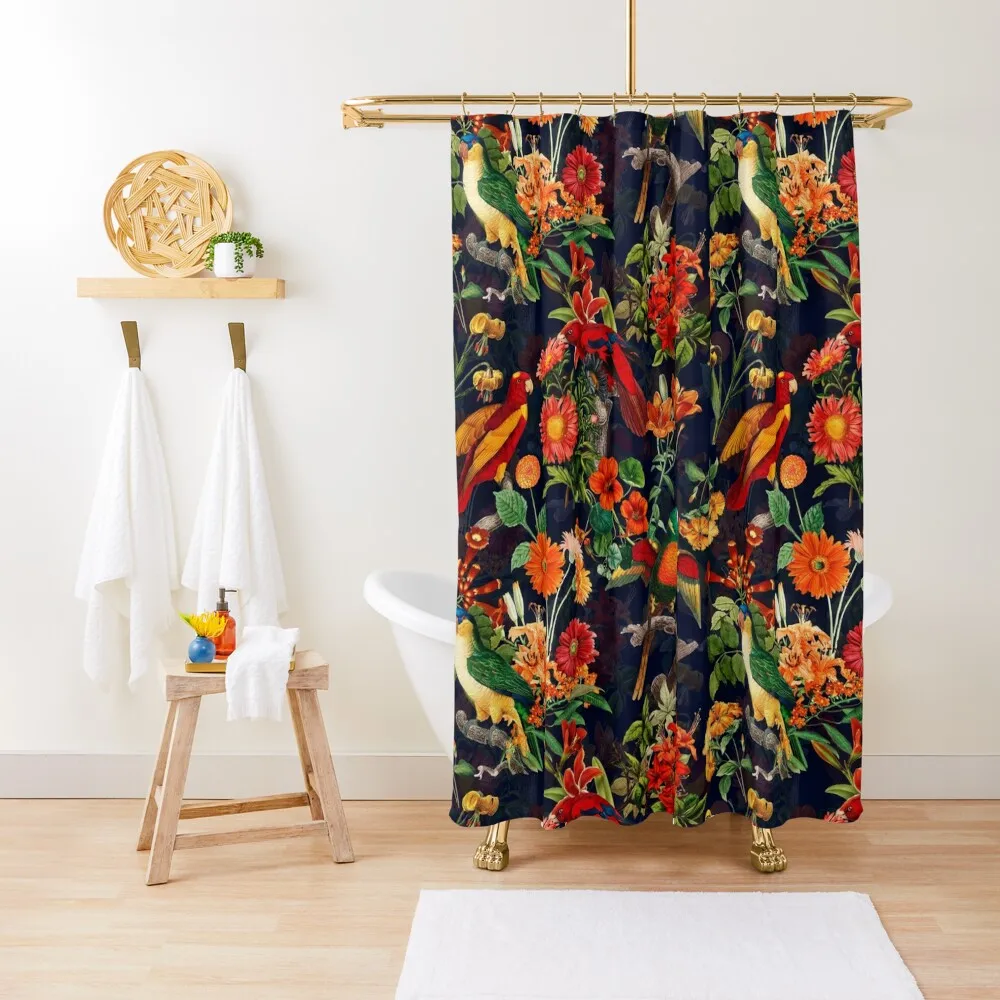 

Vintage Tropical Bird Night Jungle Botanical Night Garden dark blue Shower Curtain Bathroom Deco Curtain