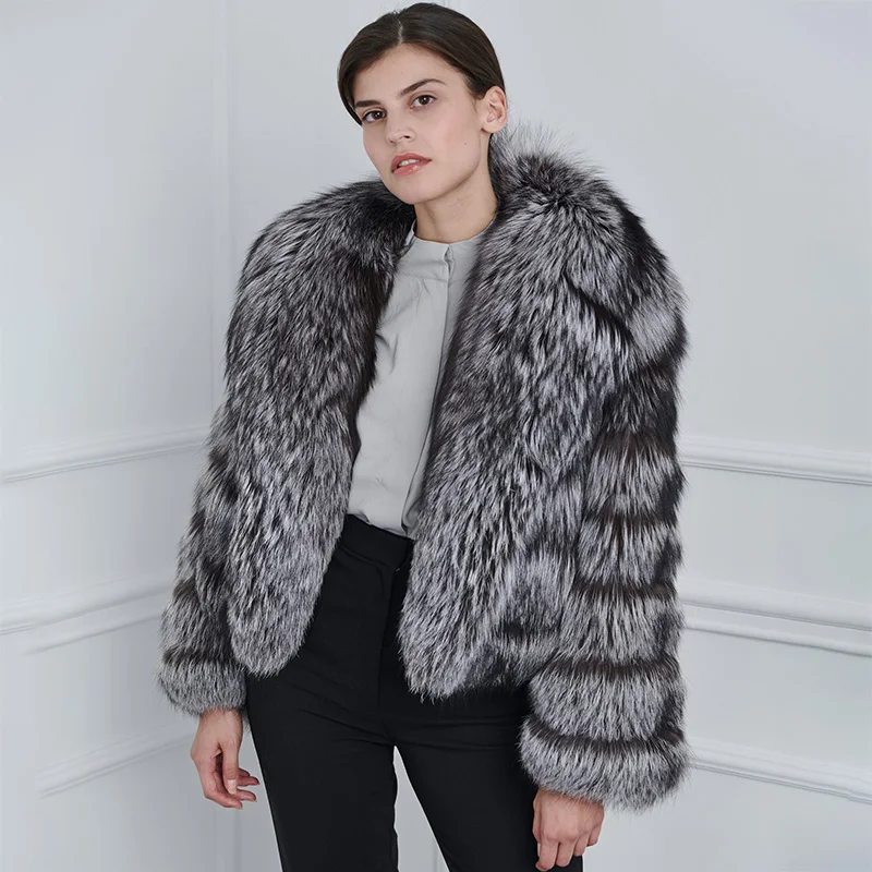 

Natural Sliver Fox Fur Coats Women Winter Luxury Warm Thicken Outertwear Big Lapel Hairy Genuine Real Fox Fur Jacket Female