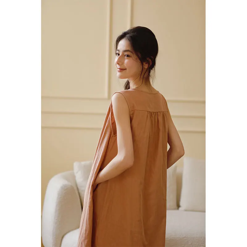 فستان سهرة قابل للتنفس بطبقة مزدوجة من القطن الشاش فستان منزلي نسائي صيفي بدون أكمام بلون سادة ملابس نوم طويلة غير رسمية