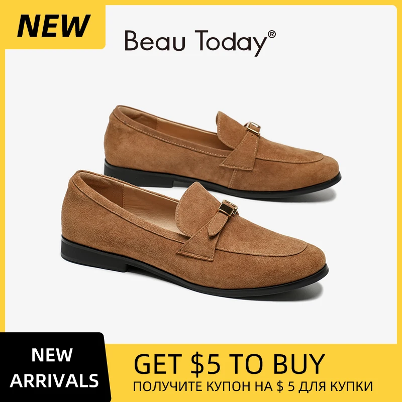 

BEAUTODAY/лоферы в стиле ретро, женские замшевые лоферы из коровьей кожи с круглым носком, металлическая пряжка, ремешок, швейные слипоны на плоской подошве, женская обувь ручной работы 26325