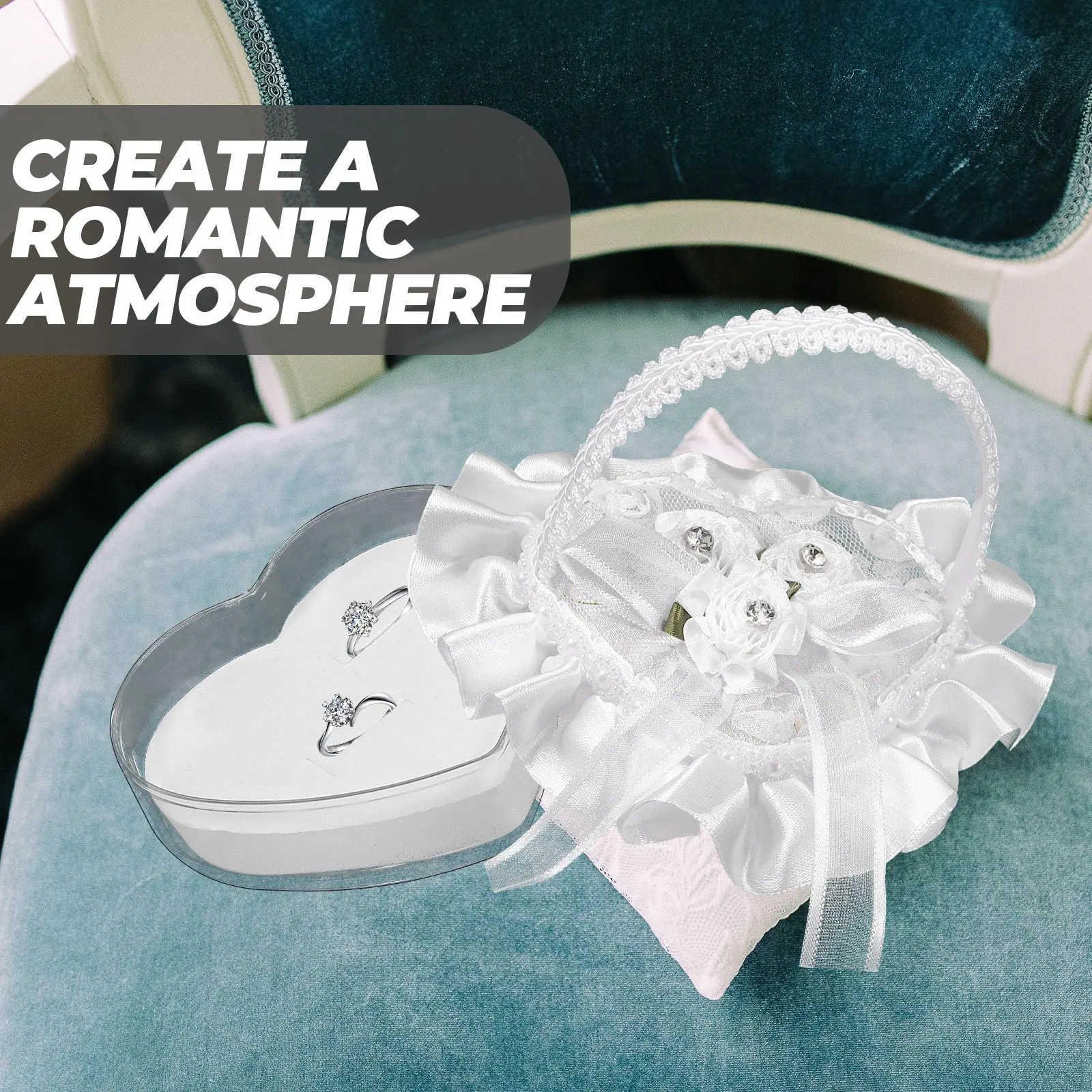 Mini Lace Heart Shape Ring Pillow Satin Wedding Ring Holder with Handle for Ceremony Engagement Display Romantic Wedding Decor