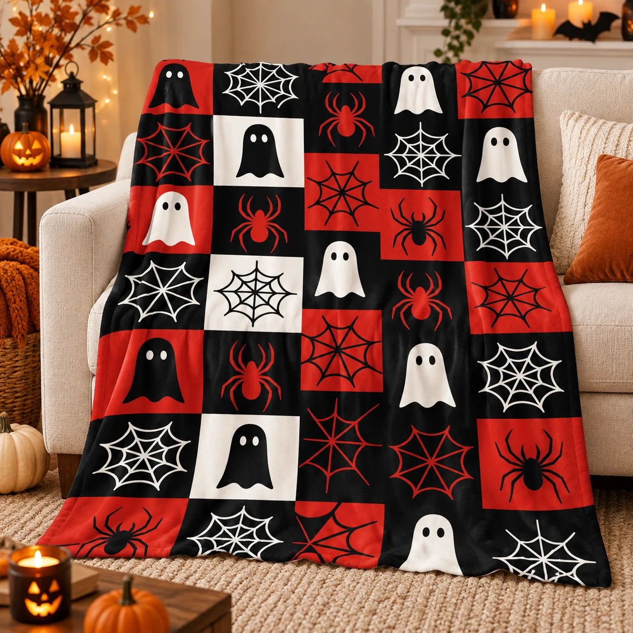 Retro Halloween Checkered Blanket, Ghost Spider Spider‑Web Pattern Flannel Blanket, Warm Cozy Throw for Bedroom Couch Halloween