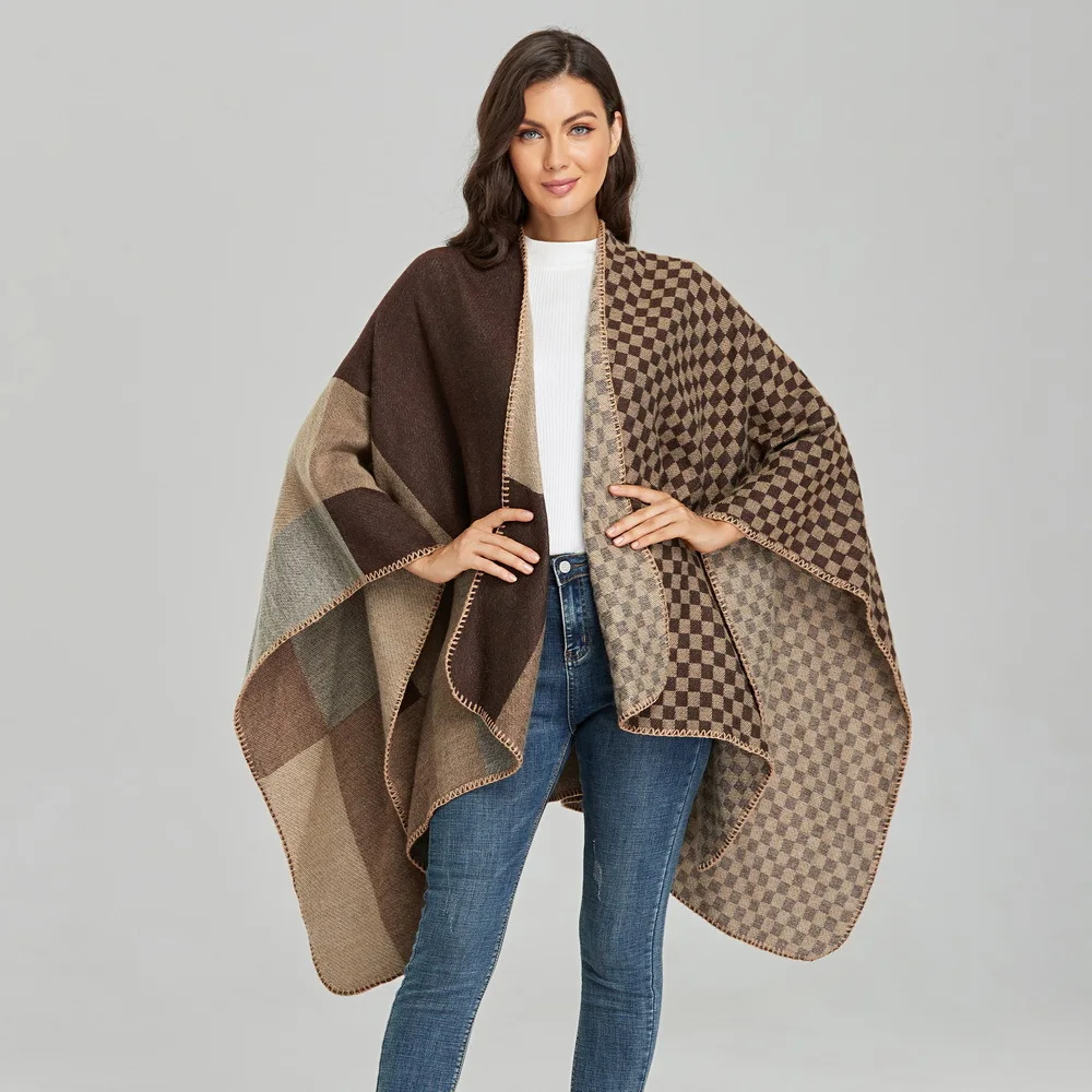 Fashion Color Match Checks Faux Cashmere Cape Wraps Outerwear Women Autumn Winter Long Split Poncho Shawl Leisure Travel Cloak