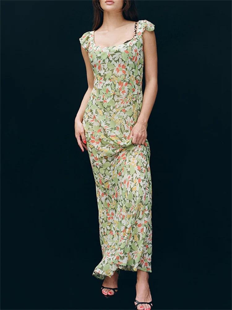 

Ladies Sleeveless Perspective Waist Lace-Up Long Robes Women Slim Fit Floral Print Ruffled Edges Midi Dress Holida Style