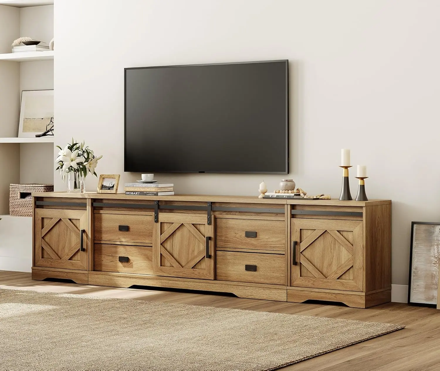 

Тумба под телевизор в стиле фермерского дома шириной 98 дюймов для телевизоров до 110 дюймов, развлекательный центр 3-в-1 из дерева в деревенском стиле, отделка под кору дерева, винтажный дуб