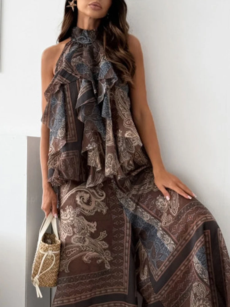 

Женский элегантный свободный костюм-двойка с рюшами, модный комплект с высоким воротником и принтом, сексуальные топы без рукавов и длинные брюки, наряды