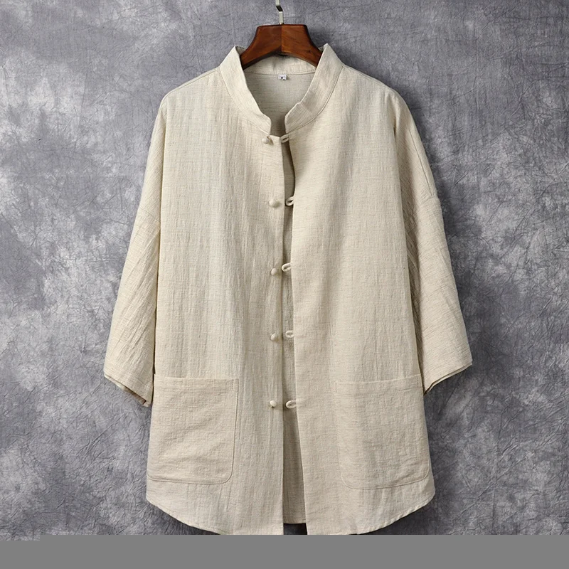 Summer Chinese Traditional Dress Plus Size Loose Top Stand Collar Shirt Linen Three-Quarter Sleeve Thin Coat Men Clothing