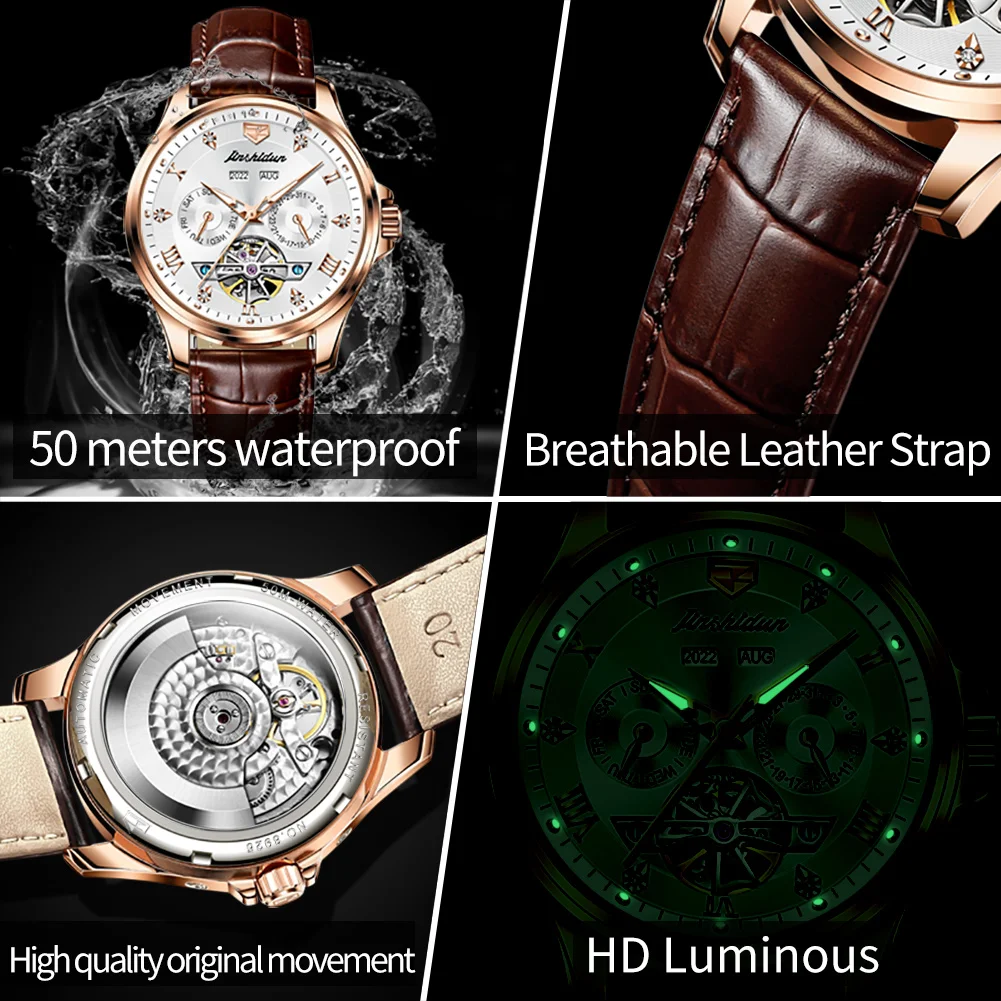 JSDUN 8926 Hollow Flywheel Automatic Wristwatch Week Date Display 50M Waterproof Watch For Men Top Brand Mechanical Man Watches