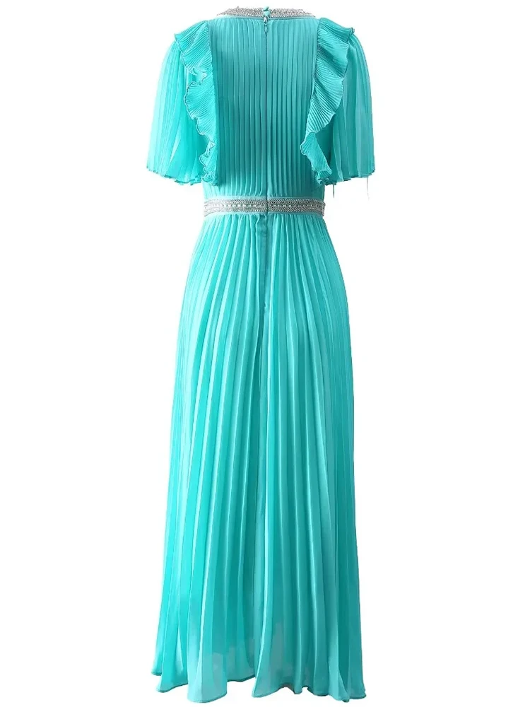 Seasixiang Fashion Designer Summer Solid Color Pleated Dress Women's O-Neck Short Sleeves Beading Vintage Long Dresses