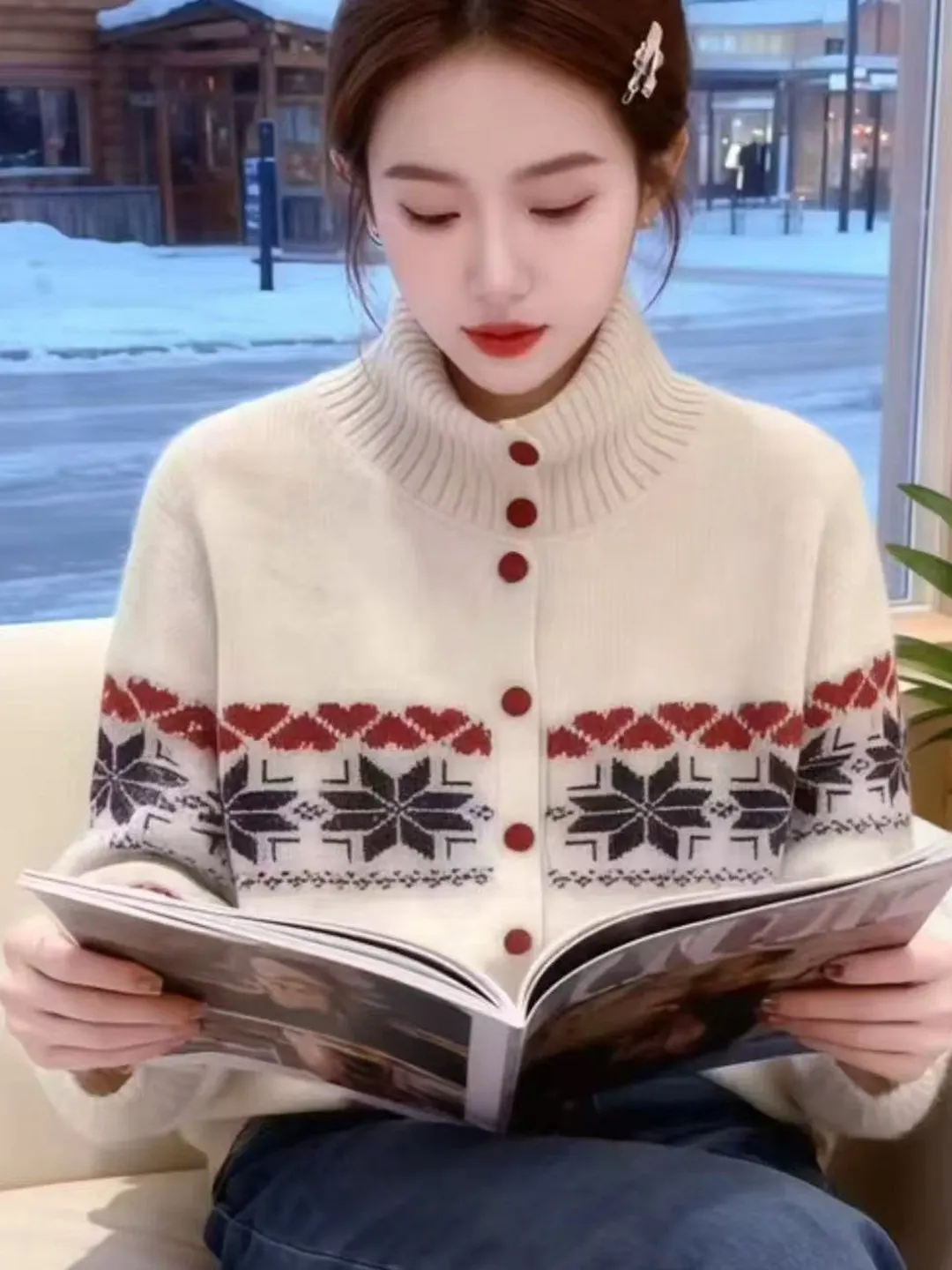 

Зимний открытый кардиган с высоким воротником, женский свободный вязаный свитер с ленивым рукавом, верхняя одежда на пуговицах контрастного цвета