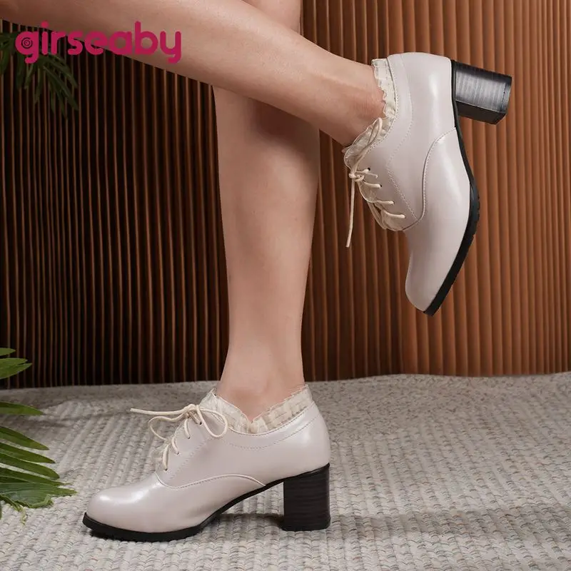 Girseaby Retro Women Pumps Round Toe Chunky Heels 5.5cm Lace Office Lady Shoes Large Size 47 48 Classic Female Spring Shoes