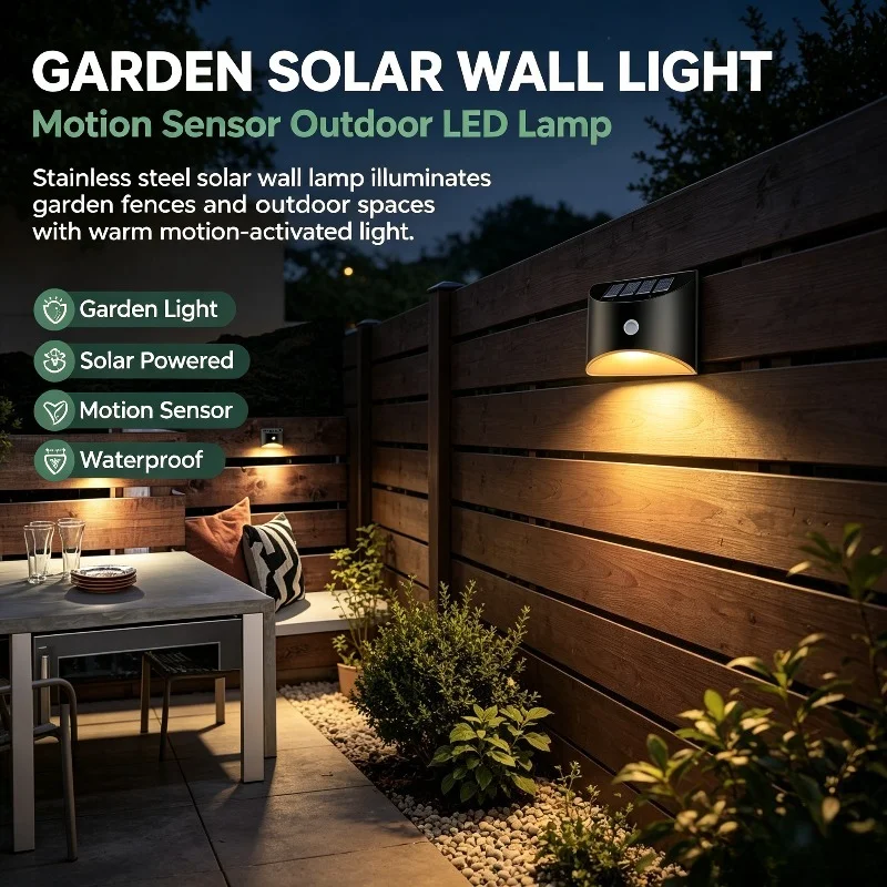 Outdoor LED Solar Light Outside Motion Sensor Solar Wall Light Garden Decorated Waterproof Solar Wall Lamp Stainless Steel Shell