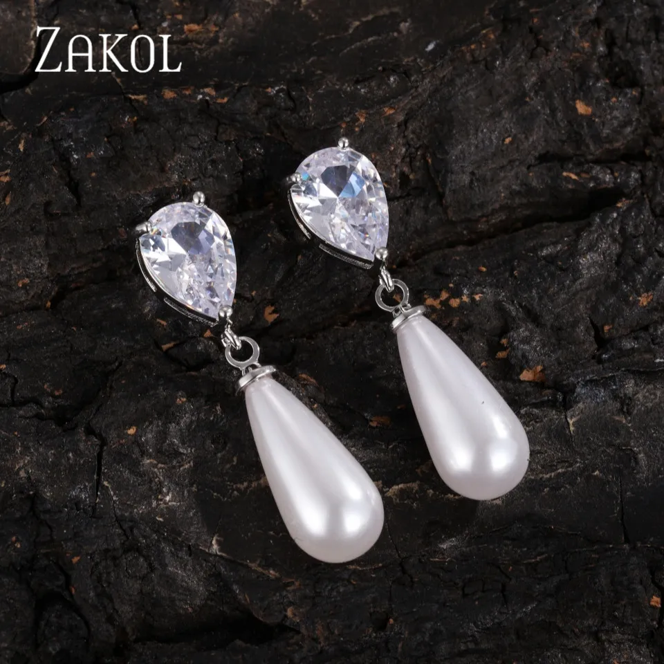 

ZAKOL Classic Teardrop Imitation Pearl Drop Earrings For Women Minimalist Cubic Zirconia Earring Wedding Party Jewelry Gift