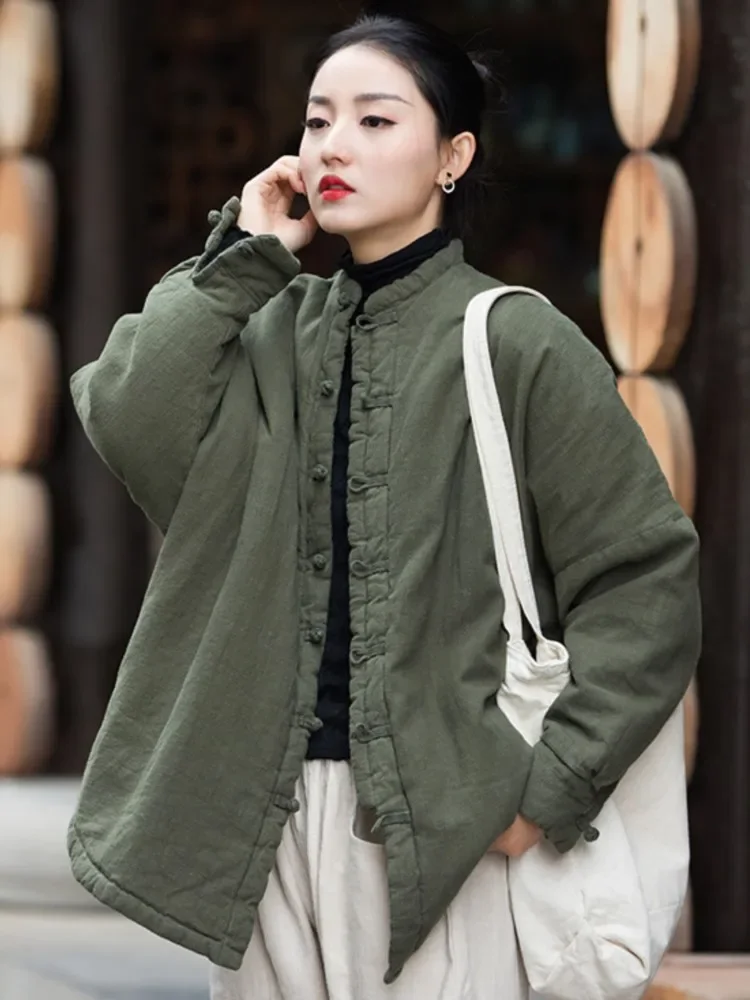 Solid Color Linen Button Chinese Style Coat Long Sleeve Stand Clothes 2026 New Parkas Women Vintage Warm Winter Parkas