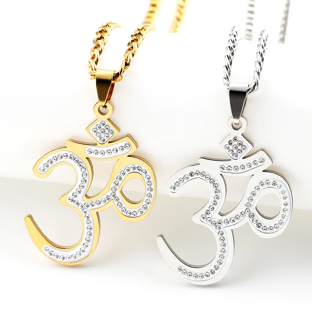 Stainless Steel Full Rhinestones Hindu Yoga Om Symbol Pendant Necklace for Women Men Gold Color Buddhism Sign Healing Jewelry