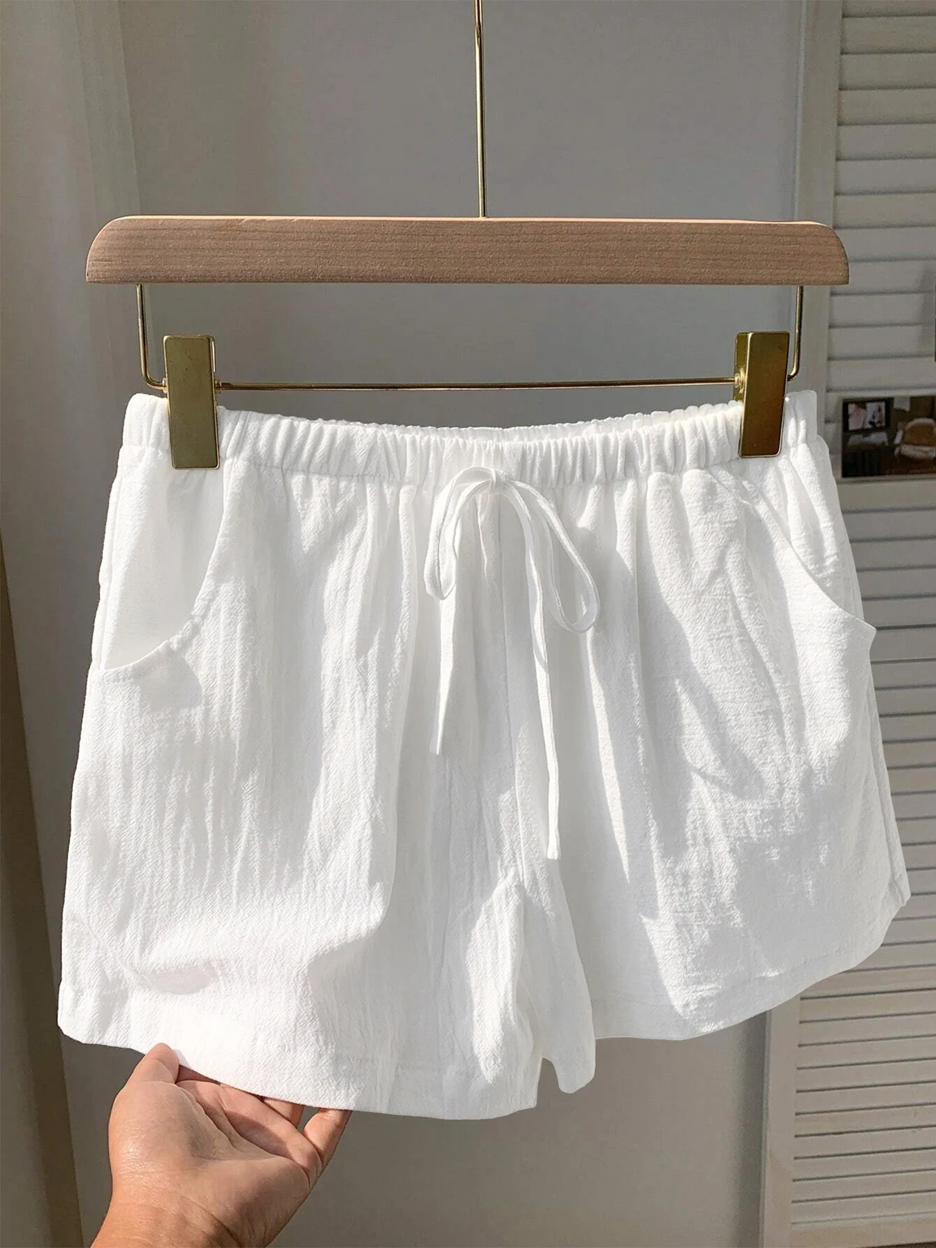 Ladies New Spring Summer Linen Solid Color Casual Sports Elastic Waist Drawstring Short Pants