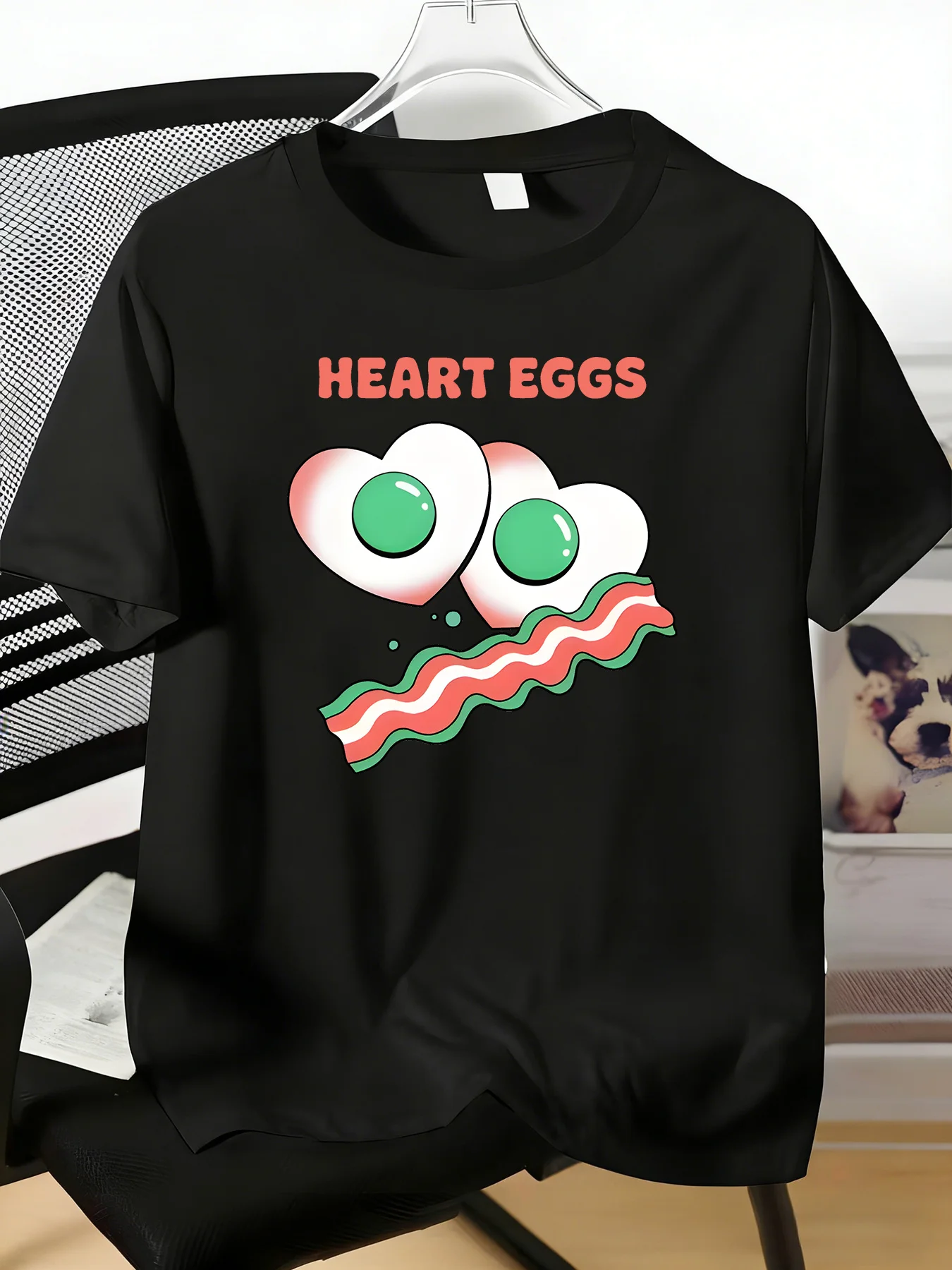 Mens Red Short Sleeve Tee Heart Eggs Bacon Print Soft Crew Neck Casual T Shirt Breakfast Fan Summer Street Daily Basic Fit Top
