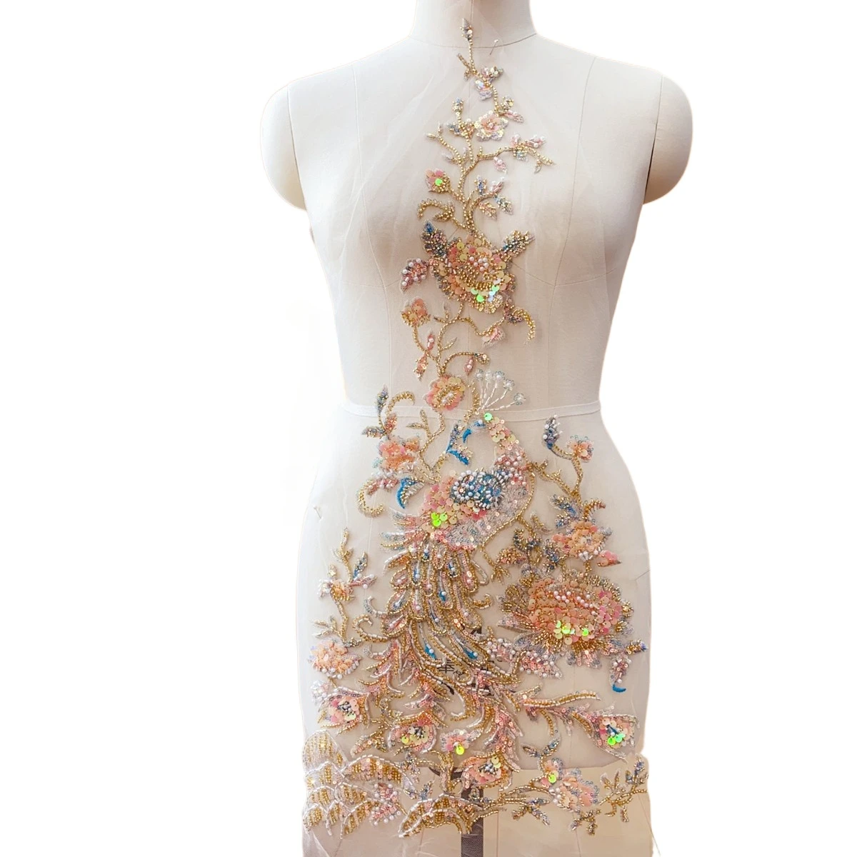 Peacock Shaped Pearl Lace Applique,Champagne, MultiColor Laser Sequin Performance Clothing, Shines Brightly Stage Party, RS24511