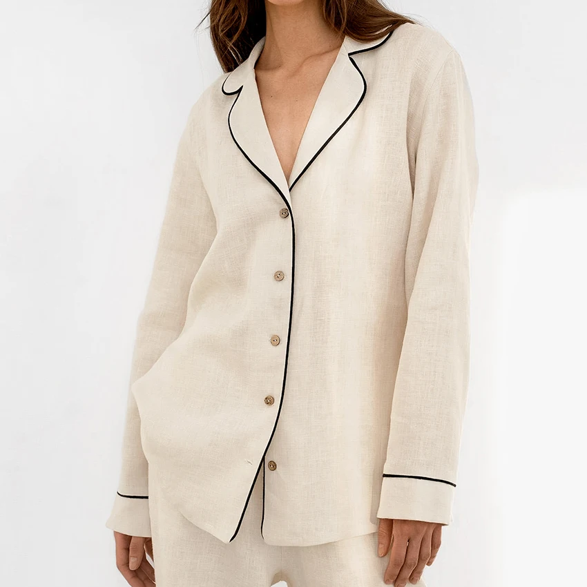 Hiloc Pure Cotton Contrast V-Neck Long Sleeve Button Blouse Suit Elastic Home Pocket Pants Outfit Woman Elegant Khaki Pajama Set