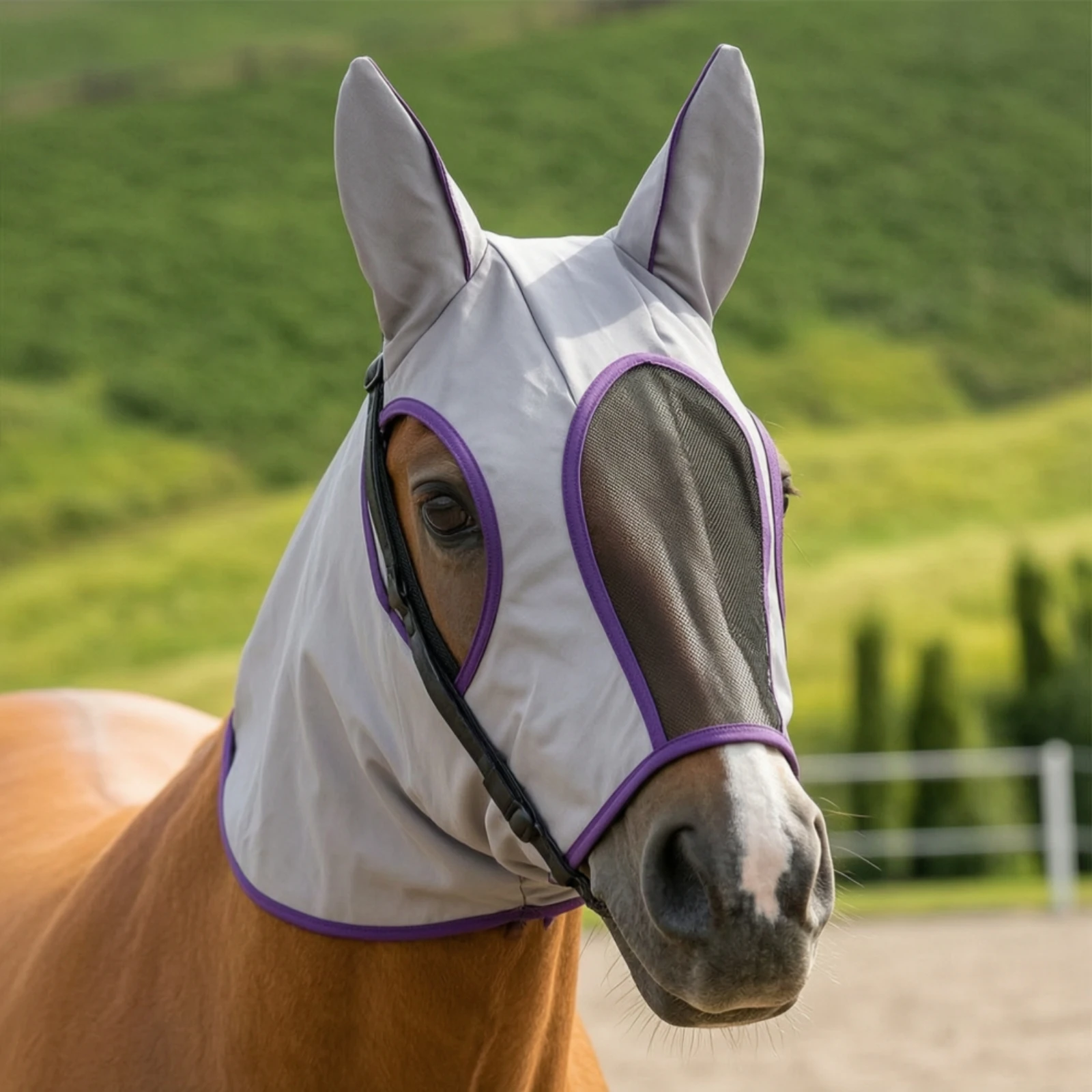 耳付き馬用フライマスク、メッシュアイホースフード、耳保護付きフライマスク、馬用透明視界保護タック、馬の外出用