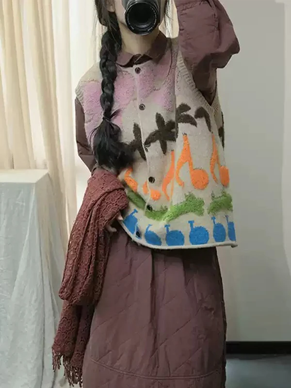 الفنية Fre فضفاضة عادية كل مباراة مفتوحة سترة محبوك سترة المرأة الخريف الشتاء Faion لينة متوسطة النايلون الكرتون طباعة #4