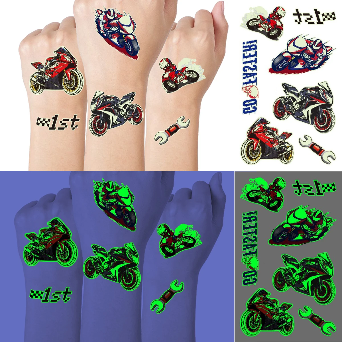 Tatuajes temporales de carreras que brillan en la oscuridad para niños y adolescentes, coche luminoso, pegatina de tatuaje falso impermeable,