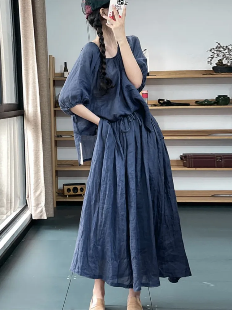 Oversized Summer 2 Two Piece Set Women Casual Fashion Ladies Blouses Elastic High Waist Ruffle Pleated Woman Long Skirts