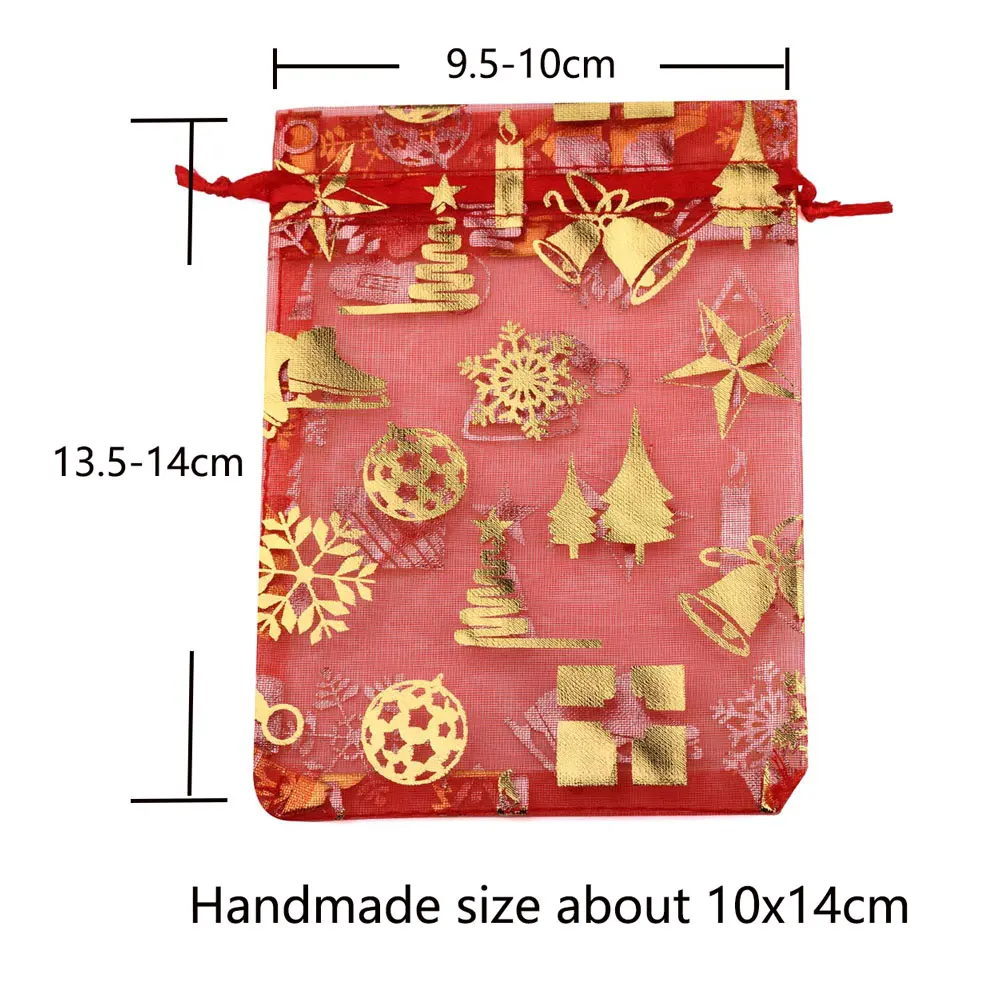 25pcs/lot 10x14cm New Gift Bag Organza Christmas Bag Gold Color Snowflake Prints Christmas Party Candy Bags Jewelry Packing