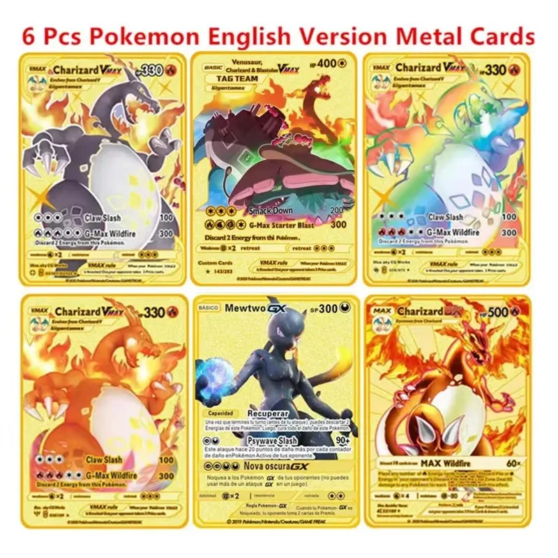 

Коллекционные металлические игровые карты Pokemon на английском языке, аниме-фигурки Чаризард, Пикачу, Бластойз, Мьюту, коллекционные карты для битв, игрушка-подарок