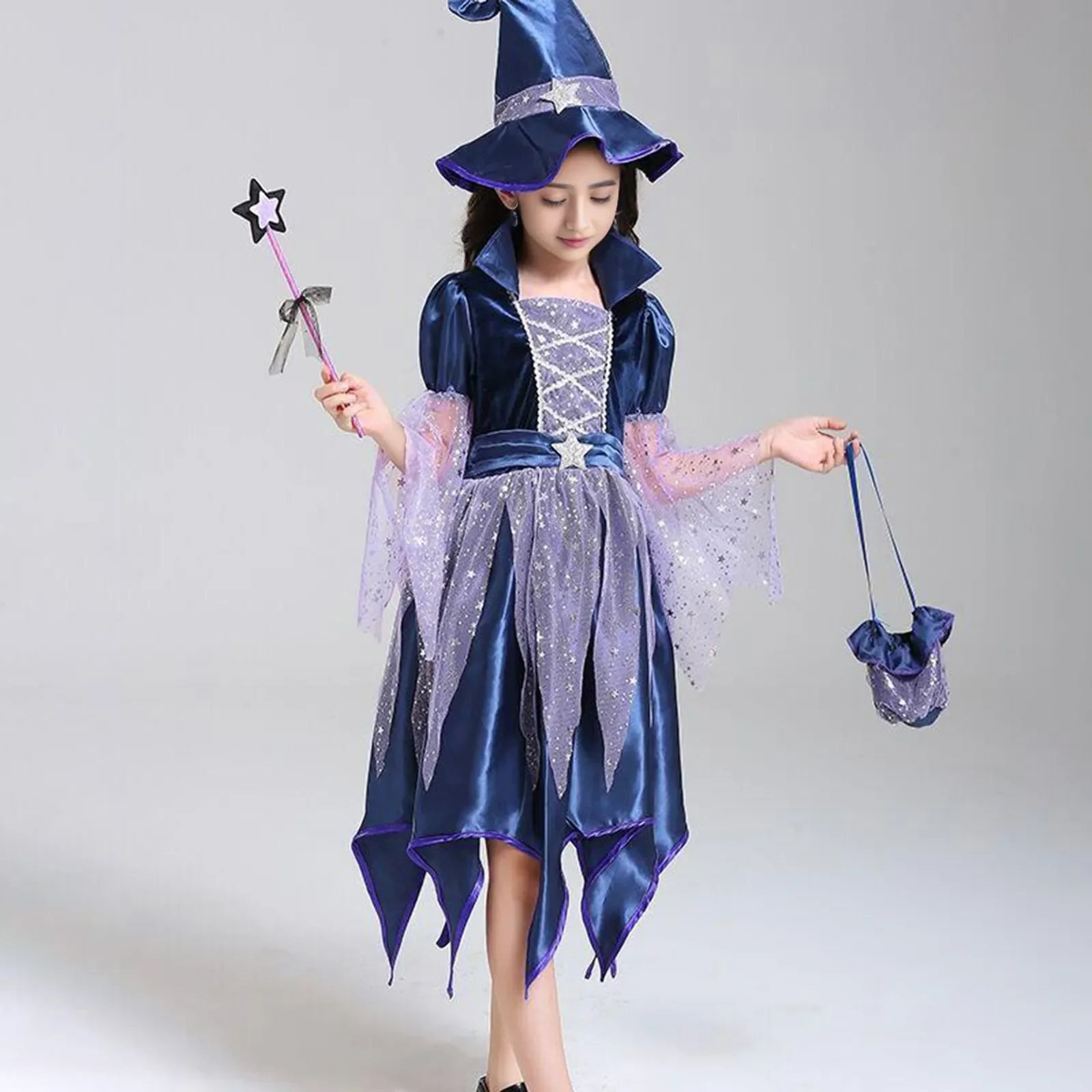Allerheiligen Kinder Dunkelblaues Stern-Tüll-Hexenkostüm 4-teiliges Set Kleid+Zauberhut+Zauberstab-Tasche Mädchen Halloween Cosplay Outfit – Detail 5