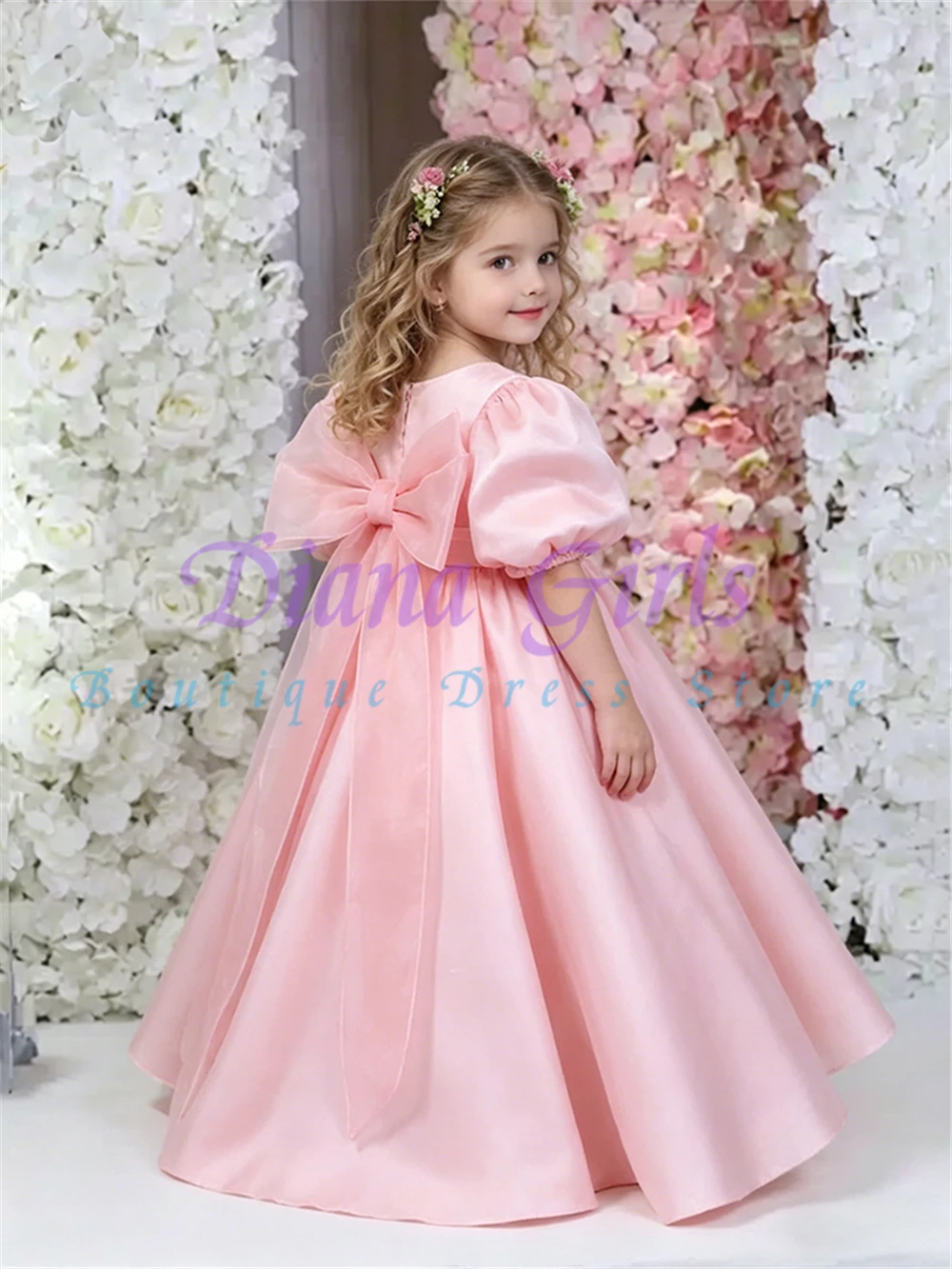 Quality Lovely Flower Girl Dress Pink Satin Fluffy For Little Girls Birthday Party Evening Baptism Gown Customizable Color Size