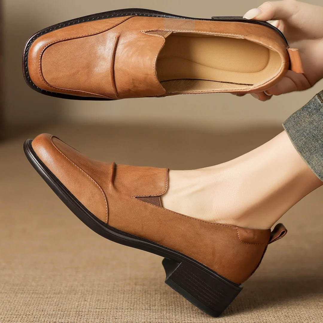 

2026 Новые весенние женские лоферы без шнуровки на плоской подошве из коровьей кожи с квадратным носком, высококачественные мягкие удобные мокасины на среднем каблуке толщиной 4 см