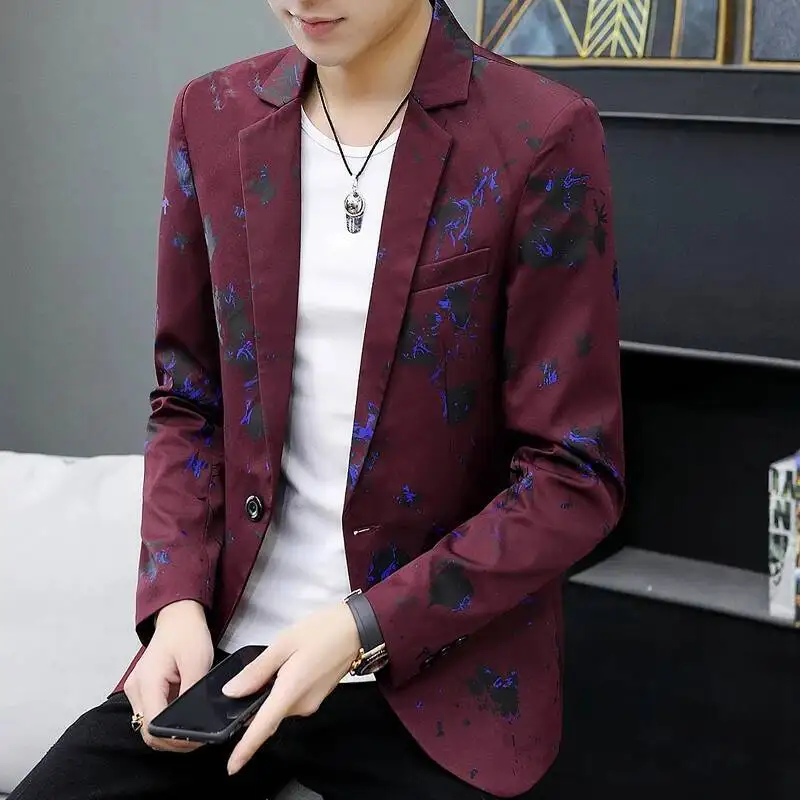 

White Printed Men's, V-Neck One Button Blazers, Youth Handsome Trend Slim Print Suit Jacket Big Size S-4XL 5X