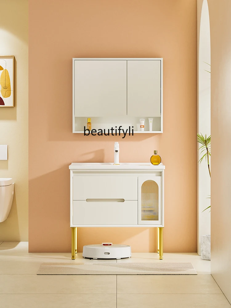 Petal Rain New Cream Wind Floor Bathroom Cabinet Combination Ceramic Whole Washbin Washstand Face Washing Basin Cabinet