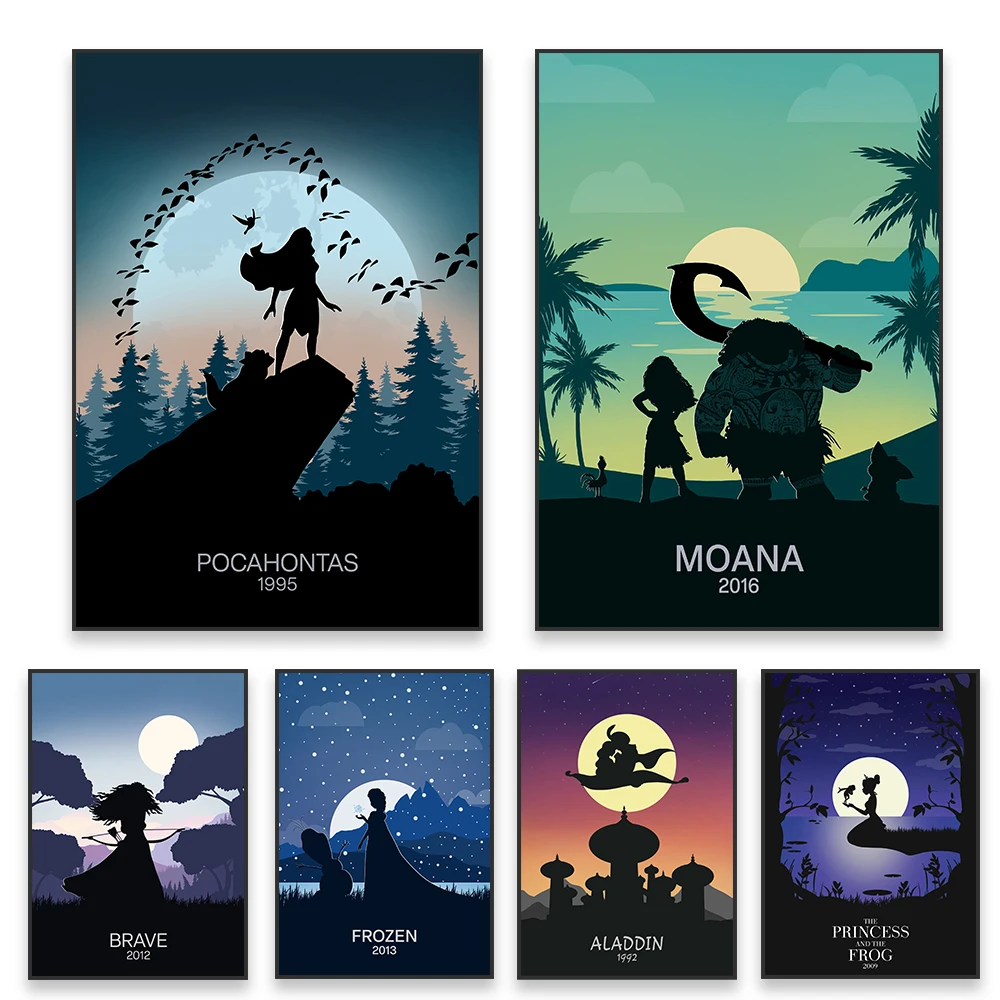 Pintura en lienzo de película de Disney, impresiones de dibujos animados de Frozen, póster de Arte de película de dama y el Tramp, princesa Aladdín, decoración del hogar