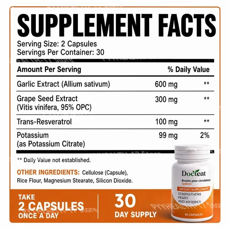 Circulation Support Capsules with Garlic Extract Grape Seed Extract & Resveratrol for Daily Cardiovascular Nutrition 60 Capsules