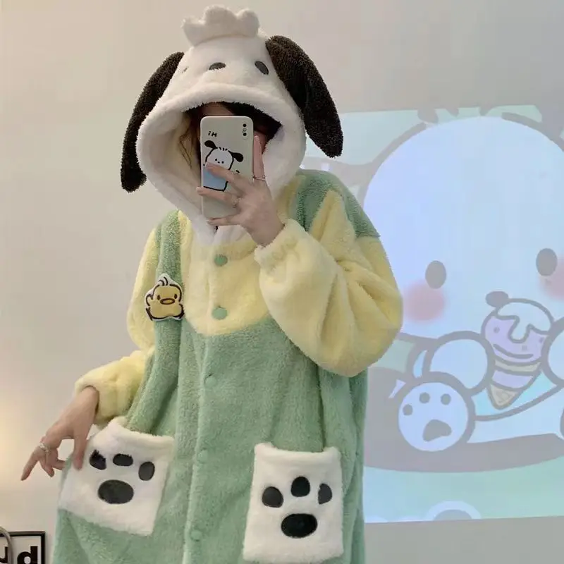 Pochacco mignon Anime dessin animé corail velours pyjamas pour filles épaissi maison vêtements pyjamas deux pièces ensemble qui peut être porté à l'extérieur