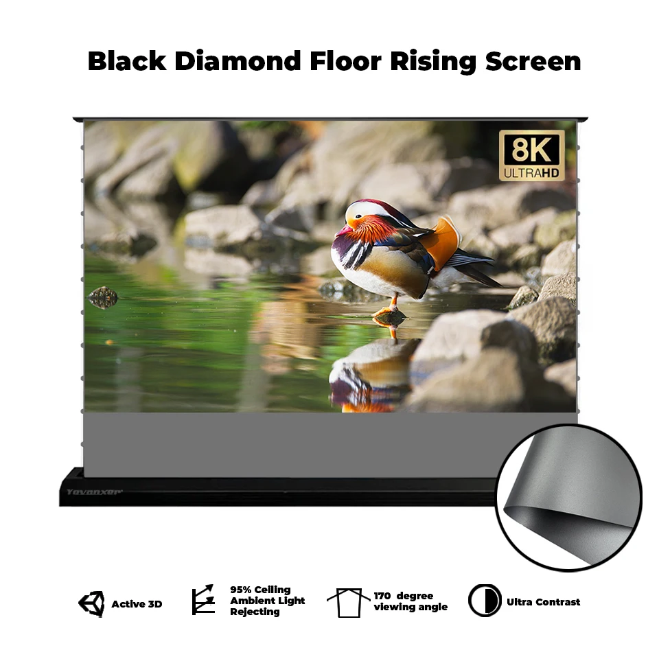 Electric Tension Floor Rising Screen 92 Inch ALR Black Diamond Rollable Projector Screen 1CM Ultra Narrow Bezel Fixed Frame