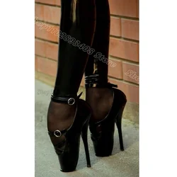 Black Ballet Dance Stiletto Pumps Ankle Buckle Solid Patent Leather British Style Spring Women Sexy Shoes Zapatos Para Mujere