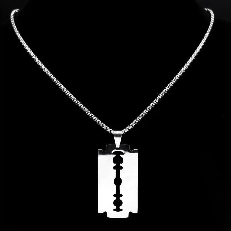 Fashion Silver Color Stainless Steel Razor Blades Pendant Necklaces Men Jewelry Steel Male Shaver Shape Sweater Necklace Gifts