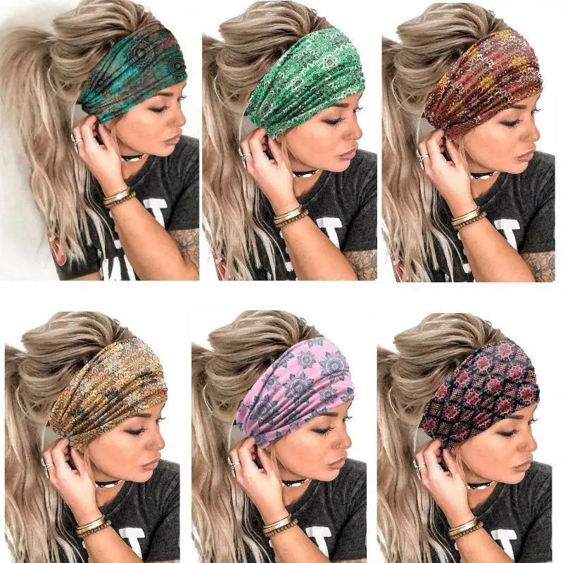 1 Stück elastische, rutschfeste Haarbänder, Boho-Stirnbänder mit Blumenmuster, breite, verdrehte, geknotete Haarbänder für Damen, Vintage-Yoga-Kopftücher, Turbane. – Detail 2