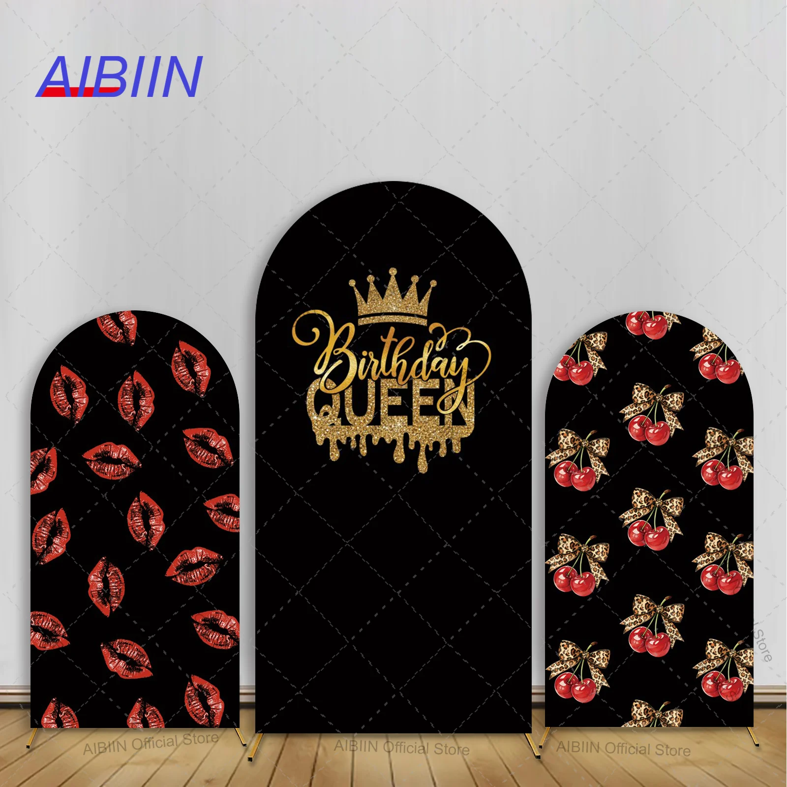 Birthday Queen Arch Backdrop Cover Red Kiss Cherry Cheetah Leopard Shimmer Crown Women Cake Party Decor Photo Background